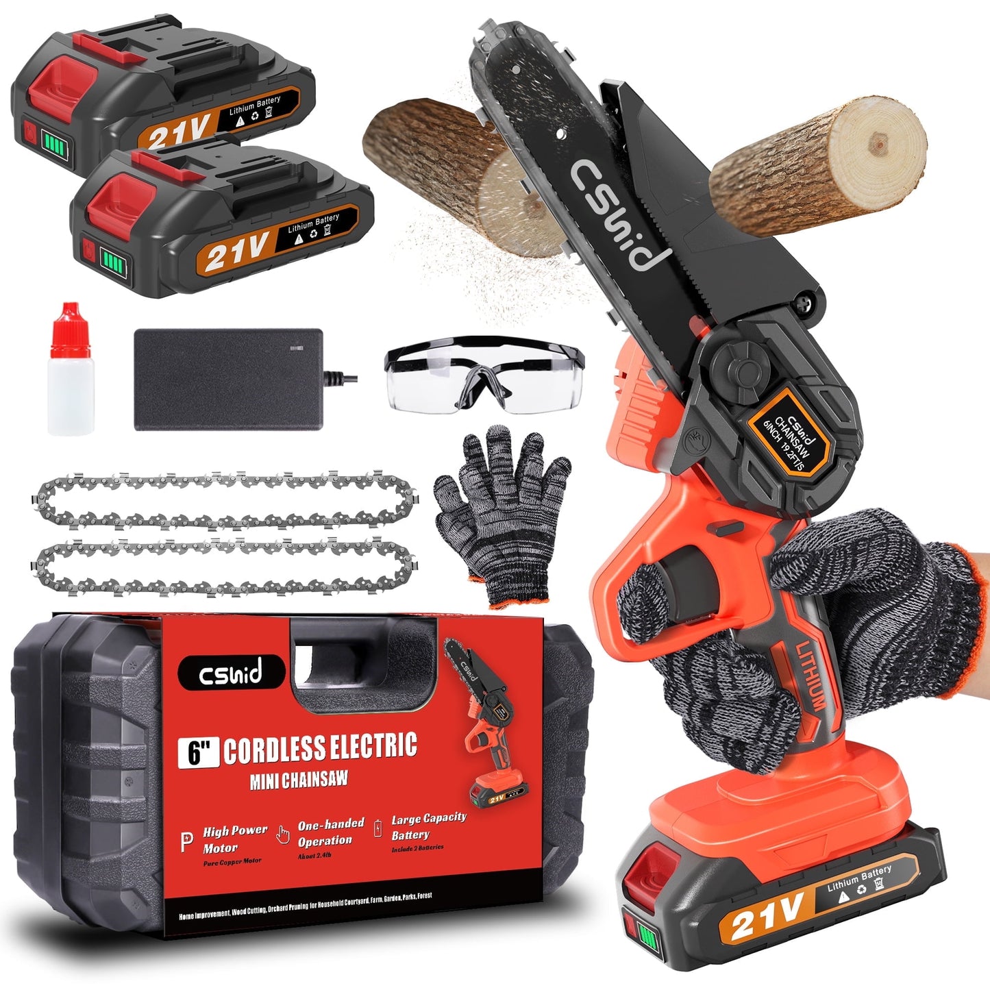 CSD01MNCW2222OG Mini Chainsaw Cordless with 2 Batteries 2 Chains, 2024 Upgrade 6 Inch Best Mini Chain Saw Cordless with Security Lock, Handheld Small Chainsaw for Wood Cutting Tree Trimming, Orange