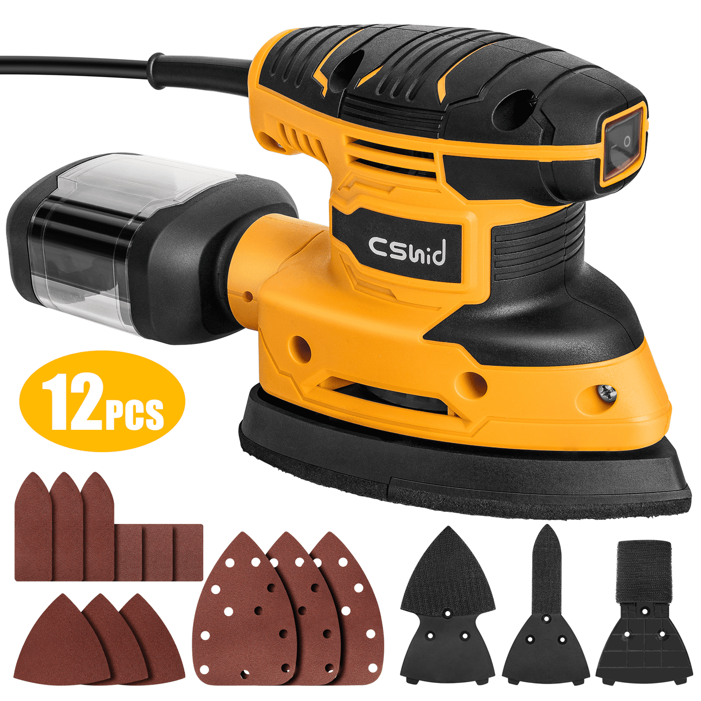 CSD57DSPS0000YE 180W Compact Electric Sander, 13,000 OPM Compact Detail Sander with 12 Pcs Sandpapers, Efficiency Dust Collection System, Suitable for Tight Spaces Sanding Polishing Removing Paint in Home Decoration