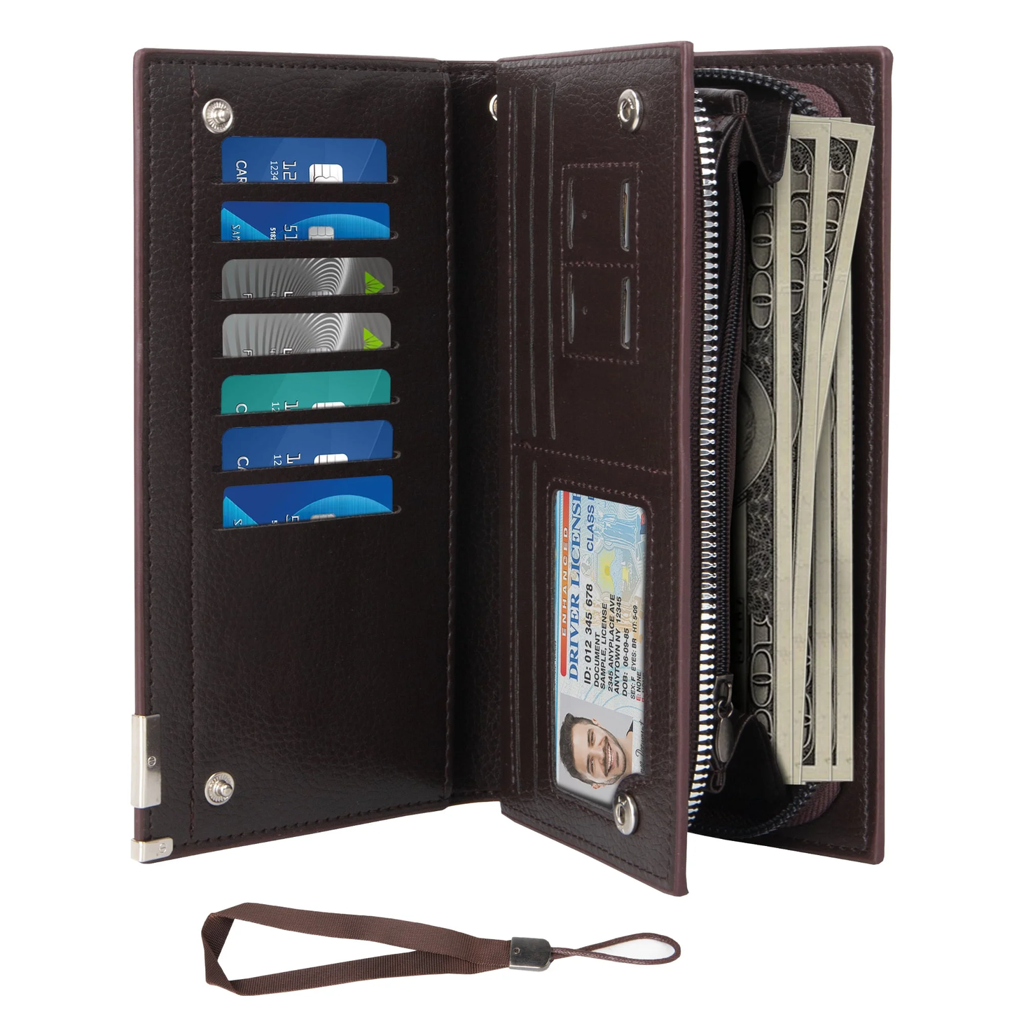 CSD01WFMP0030BN Mens Wallet Genuine Leather, Long Zipper Wallet RFID Blocking Bifold Secure Zip Around Wallets 14 Credit Card Holder Purse with 2 Large Zipper Cash Pocket, Brown