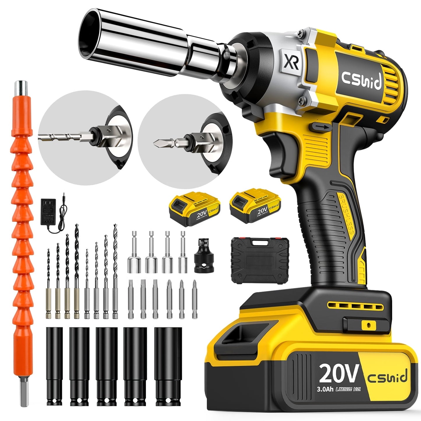 CSD02PICW0000YE Power Cordless Impact Wrench 1/2", 20V Impact Brushless Motor with 2 x 3.0A Batteries, 2-Mode Speed & Max Torque 280 ft lbs (380N.m), Power Impact Wrench with 5 Sockets,8 Drill,6 Screws for Home Car