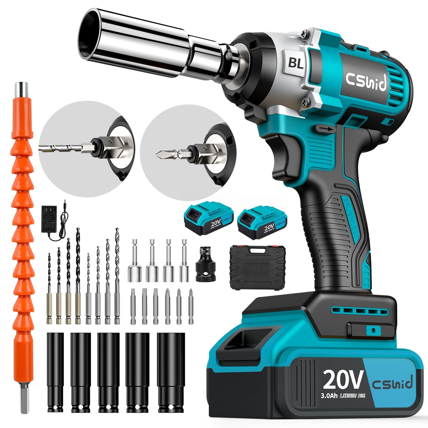 CSD02PICW0000BUPower Cordless Impact Wrench 1/2", 20V Impact Brushless Motor with 2 x 3.0A Batteries, 2-Mode Speed & Max Torque 280 ft lbs (380N.m), Power Impact Wrench with 5 Sockets,8 Drill,6 Screws for Home Car