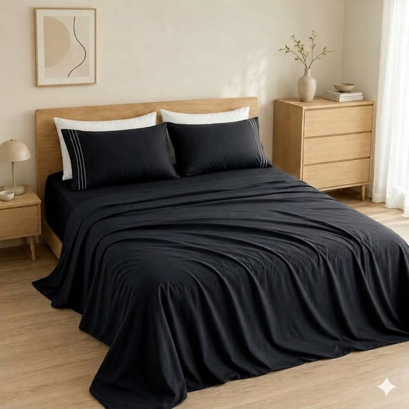 Queen Sheets Set, 4 Piece Bed Sheets, Soft Microfiber Sheets Set, Cooling & Breathable Sheets, Deep Pocket Fitted Up to 16", Black
