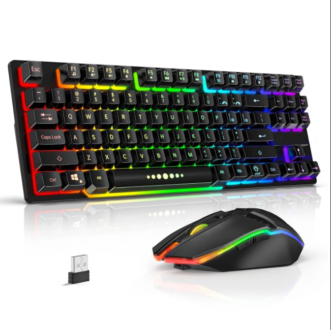 CSD01WRGBKM99BK Wireless Keyboard and Mouse, 87 Keys Mechanical Feel Keyboard Mice Combo, Anti-Ghosting Ergonomic Rechargeable W/ 2.4G Wireless Receiver, RGB LED Backlight for Windows Computer PC Gamer