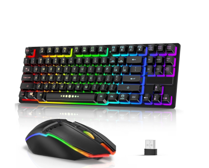 CSD02WRGBKM99BK Wireless Keyboard and Mouse Combo, 87 Keys Rechargeable Gaming Keyboard Mouse Set, Silent Ergonomic Anti-Ghosting Keyboard, W/ 2.4G USB Receiver, 7 Color Backlit for Windows Desktop Laptop PC