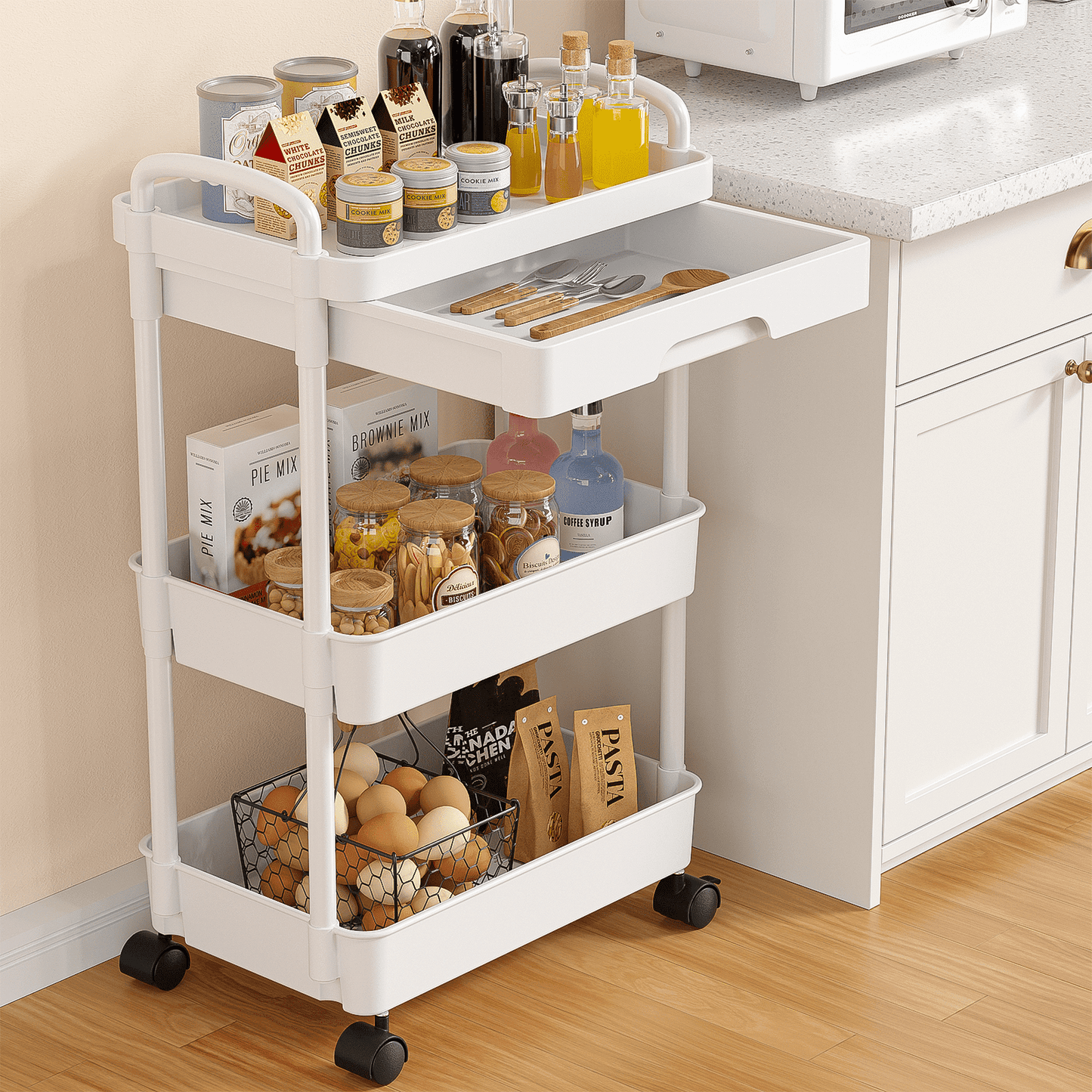 CSD52URCD0000WH Rolling Utility Cart with Drawer 3 Tier, Plastic Rolling Cart with Handle & Lockable Wheels, Storage Shelves Organizer Cart, Multifunctional Storage Cart for Kitchen Bathroom Office Living Room