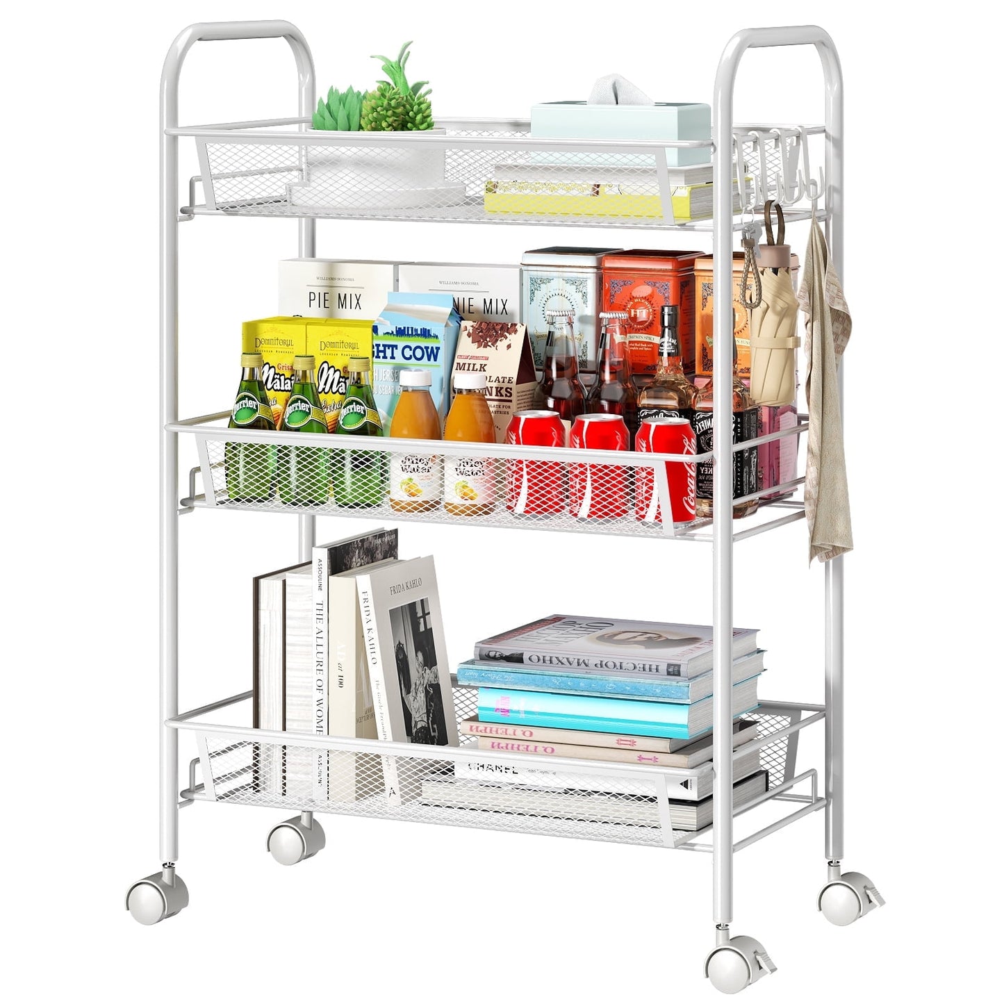 CSD51RSUC0000WH Slim Mesh Storage Cart 3 Tier, Bathroom Rolling Utility Cart Storage Organizer Slide Out Metal Cart, Mobile Rolling Cart Organizer for Office Bathroom Kitchen Laundry Room Narrow Places, White