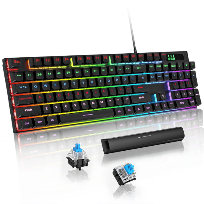 CSD01MWGKT170BKMechanical Keyboard, 104 Keys Rainbow 11 LED Backlit Wired Keyboard with Blue Switch, Anti-Ghosting/Spill-Resistant/Anti-Dust Mechanical Gaming Keyboard for Windows PC Laptop Computer