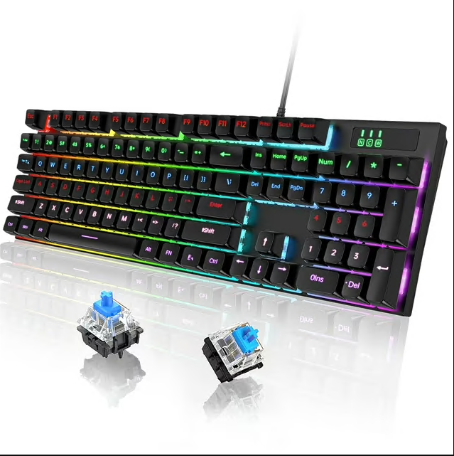 CSD02MWGKT170BK Mechanical Gaming Keyboard, RGB 104 Keys USB Wired Keyboard with Blue Switch, LED Backlit, Durable Keycaps/Anti-Ghosting/Spill-Resistant/Anti-Dust Gaming Keyboard for Windows PC Computer Laptop