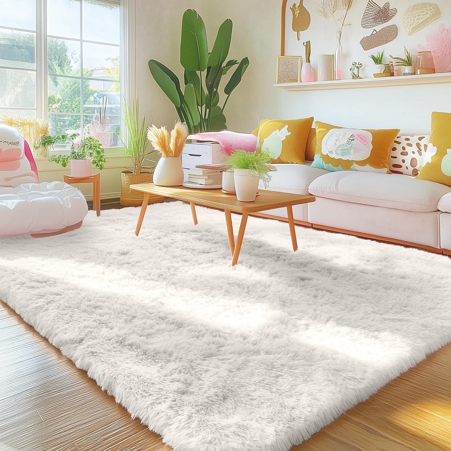 CSD02CSAR0810WH Ultra Soft Rug for Living Room, 8X10 Fluffy Area Rug for Bedroom, Modern Shaggy Carpets Fuzzy Rug for Teens Dorm Bedside Home Decor Aesthetic, Heavy Duty Non Slip White