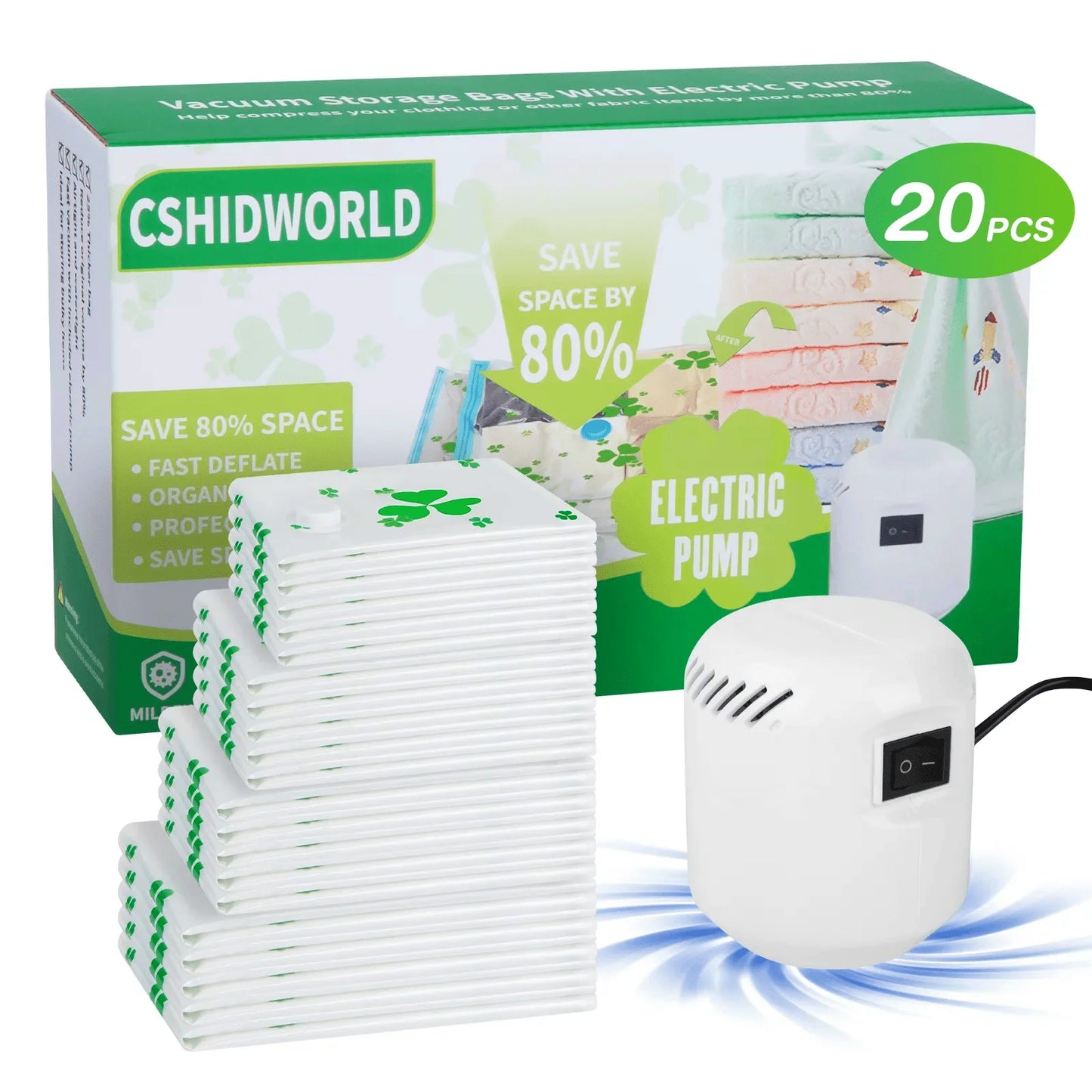 CSD01VCBG0020MX Vacuum Storage Bags with Electric Pump, 20 Pack Space Saver Seal Bag (5 Jumbo, 5 Large, 5 Medium, 5 Small), Vacuum Sealer Bags for Clothes, Blanket, Comforters, Compression Seal Bags for Travel