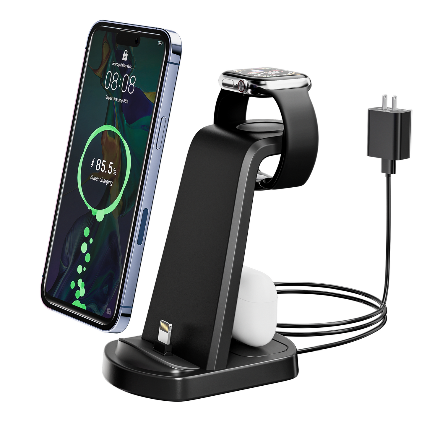 CSD01WLCGX498BL 3 in 1 Charging Station for iPhone, 18W Fast Wireless Charger for iPhone 14 13 12 11 Pro X Max XS XR 8 7 Plus 6s 6 & Airpods, Wireless Charging Stand for Apple Watch Series 9 8 7 6 SE 5 4 3 2