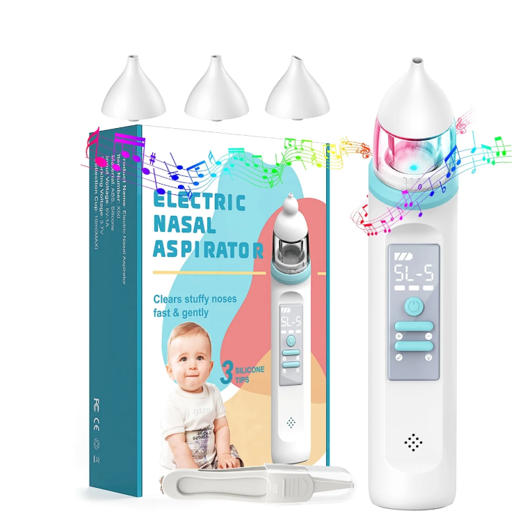 CSD02EBNSX500WH Nasal Aspirator for Baby, Electric Nose Booger Sucker,Automatic Nose Cleaner USB Rechargeable with 3 Silicone Tips, 5 Suctions Power, Music & Colorful Light Soothing Function for Infants Newborn Kids