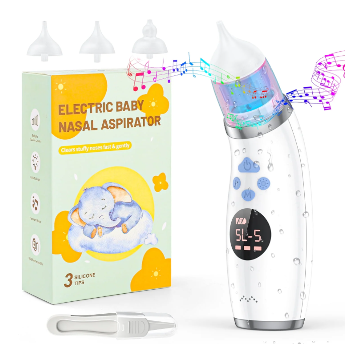 CSD02EBNSX800WH Baby Nasal Aspirator, Electric Baby Nose Booger Sucker IPX7 Waterproof Automatic Nose Cleaner with 3 Silicone Tips, 5 Levels Suction, Music & Colorful Light for Toddler Kids Infants Child