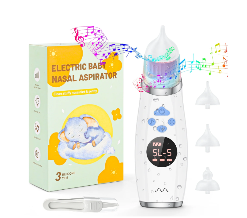 CSD01EBNSX800WH Nasal Aspirator for Baby, Electricr Nose Sucker IPX7 Waterproof Automatic Booger Sucker for Toddler Kids Infants Child with 3 Silicone Tips, 5 Levels Suction, Music & Colorful Light Soothing Function