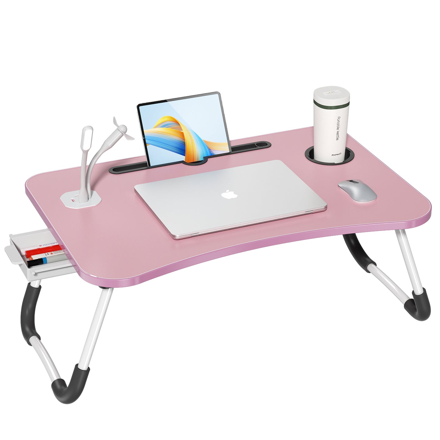 Foldable Lapdesk, Portable Bed Tray Table with 4 USB Ports, Cup Holder and Draw, Bed Desk for Working Reading Writing, Eating for Bed Sofa Couch Floor, with Mini Lamp & Fan, Pink