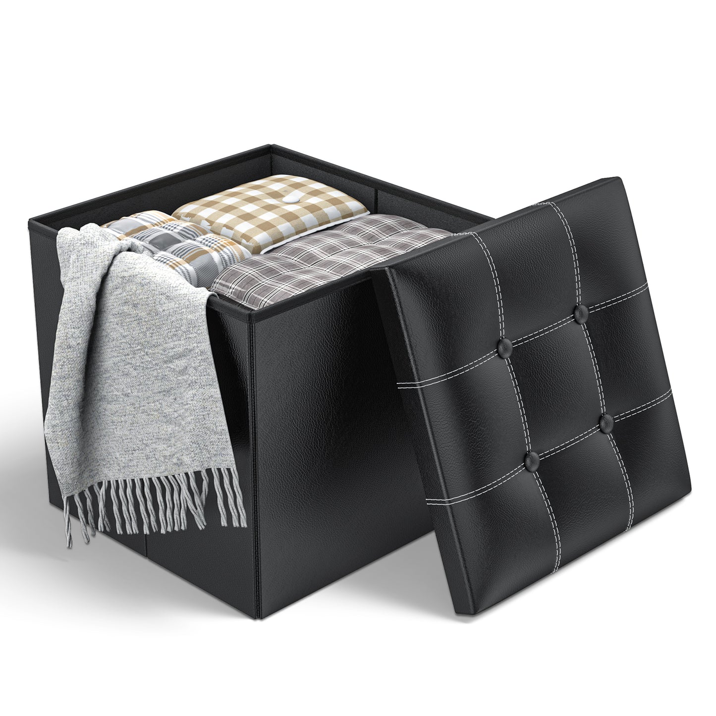 CSD01SROM0000BL Storage Ottoman, 40L Leather Folding Foot Stool with Thicker Foam Padded Seat, Small Storage Ottoman Bench Foot Rest for Living Room Foldable Coffee Table 15x15x15in,Black