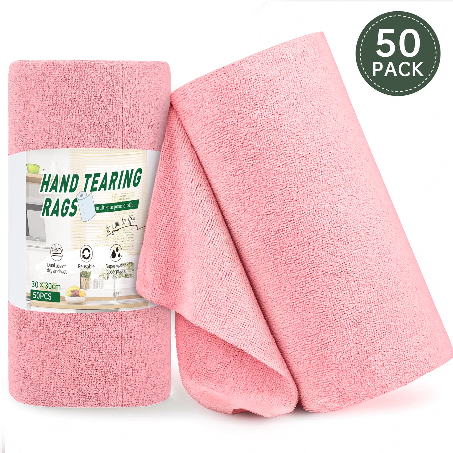 Microfiber Cleaning Cloth Rolls, 50 Packs Reusable Tear Away Dish Towels 11.8" x 11.8", Scratch Free Cleaning Supplies, Ultra Absorbent Microfiber Cleaning Rags for Car Kitchen House, Pink