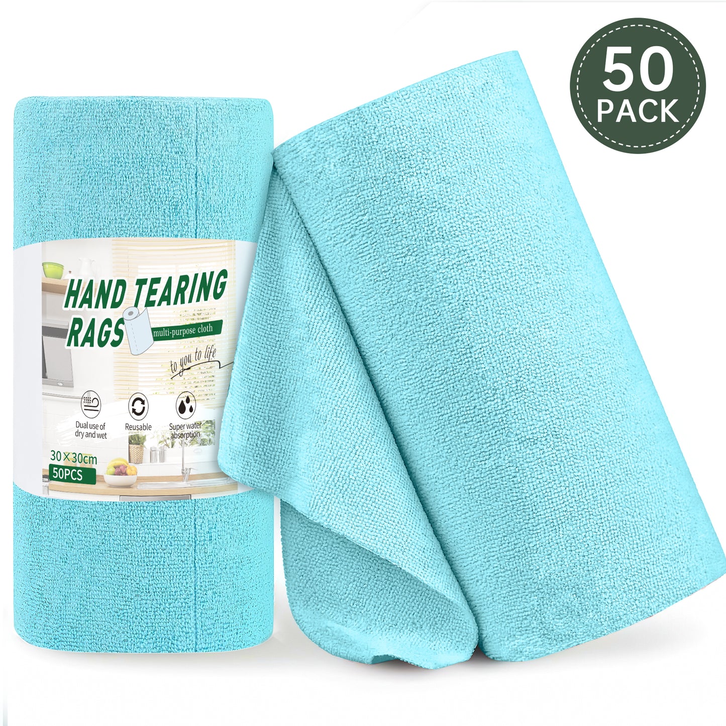 Microfiber Cleaning Cloth Rolls, 50 Packs Reusable Tear Away Dish Towels 11.8" x 11.8", Scratch Free Cleaning Supplies, Ultra Absorbent Quick Drying Microfiber Cleaning Rags for Car Kitchen House