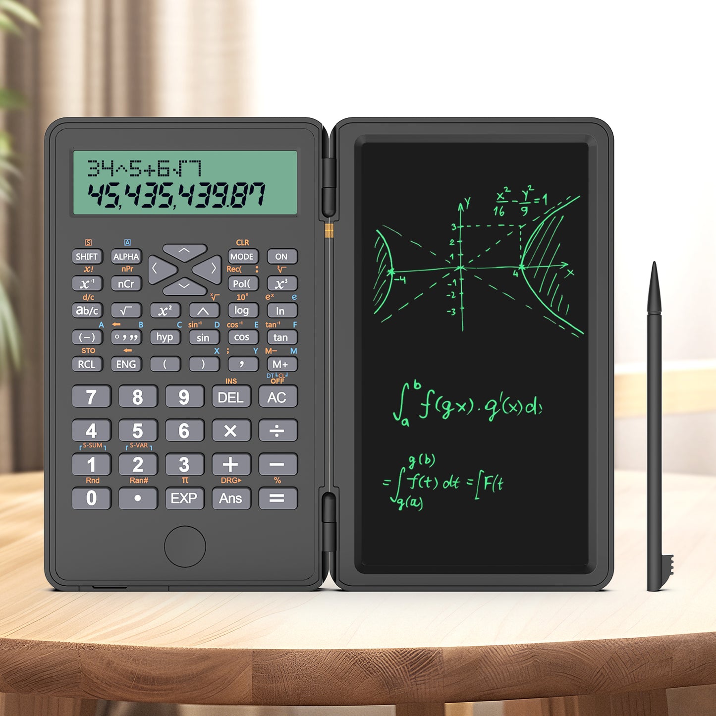 Desktop Scientific Calculator with Erasable Writing Board, 10-digit LCD Display Foldable Desk Calculator, 2 Line Physics Calculator for School Students, Financial, Office, Business, Engineering