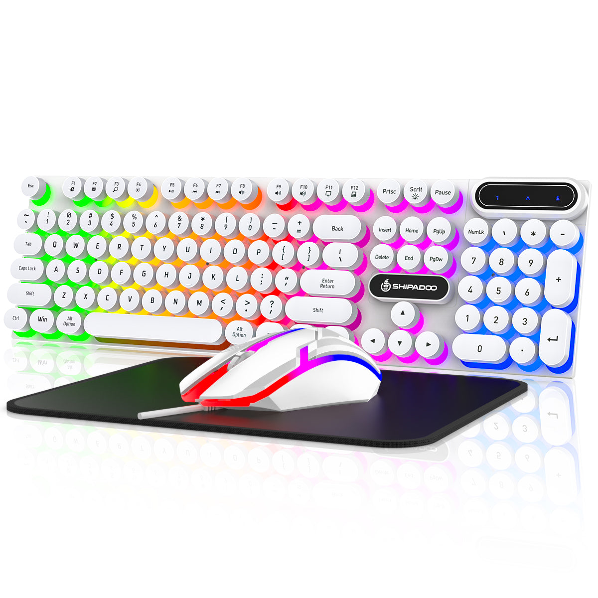 CSD02WGKBD500WHWired Gaming Keyboard & Mouse Combo, RGB Backlit Keyboard and Mouse and Mouse pad, Full-Size, Ergonomic Tilt Angle, PC Gaming Keyboard w/Multimedia & Shortcut Keys for Working or Primer Gaming, White