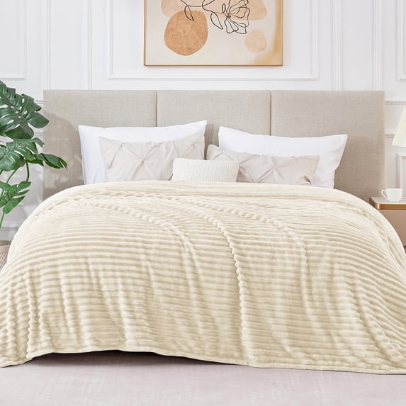 Queen Blanket for Bed, 230GSM Super Soft Cozy Blankets and Throws, Decorative Throw Blankets for Women Men Gifts, Throws with Stripes for Sofa Bed Decor, 90''x90'', Beige