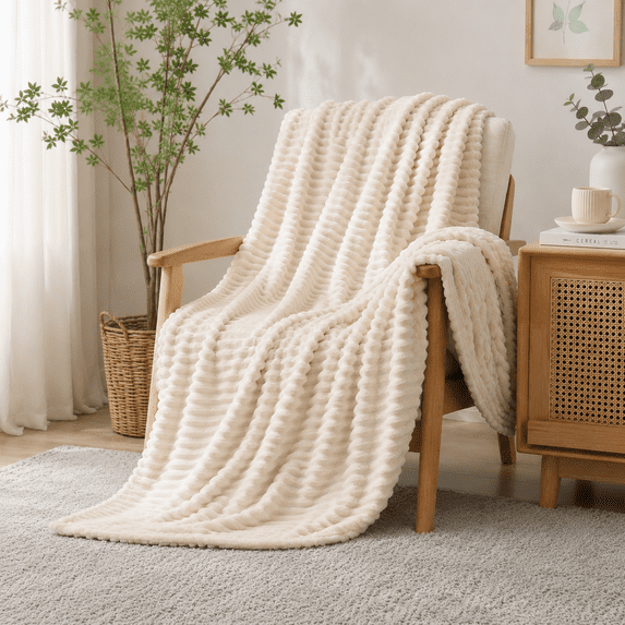 Throw Blanket for Couch Sofa, 230GSM Super Soft Striped Throws for Office Picnic Travel Bedroom, Warm Cozy Lightweight Home Decor Blanket for All-Season, 50x60in, Beige
