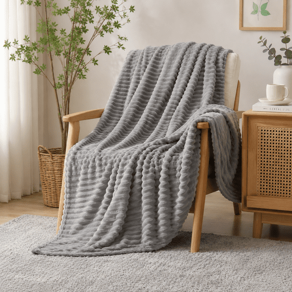 Throw Blanket for Couch Sofa, 230GSM Super Soft Striped Throws for Office Picnic Travel Bedroom, Warm Cozy Lightweight Home Decor Blanket for All-Season, 50x60in Gray