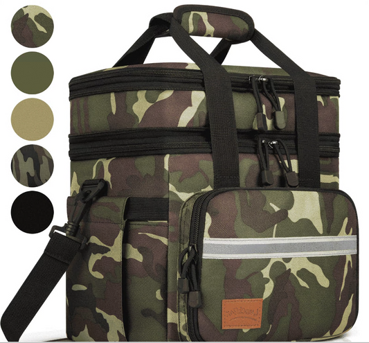 CSD01LBCWC018GN Lunch Bag for Men, 24L Expandable Insulated Lunch Box with Side Pockets, Double Deck Leakproof Cooler Tote Bag with Adjustable Shoulder Strap, 24 Can, Suit for Office/Picnic/Camping/Beach, Camo Green