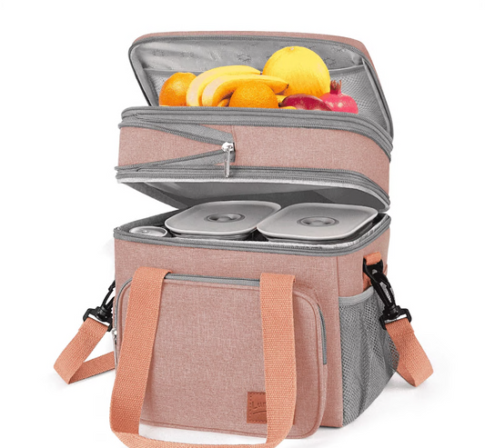 CSD01ILBB8056PNK17L Lunch Bag for Men/Women, Reusable Insulated Lunch Bag, Double Deck Leakproof Lunchbox for Work, Picnic, Beach, Lunch Tote Cooler Bag with Adjustable Shoulder Strap/Side Mesh Pocket,Pink