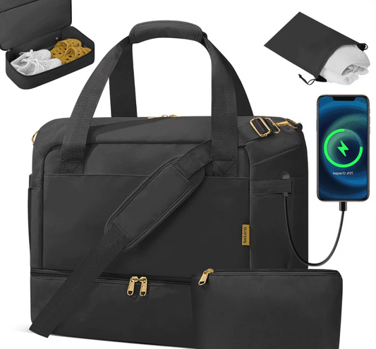 CSD01TDOB0000BK 3Pcs Travel Duffel Bag, Tote Gym Bag with Shoes Compartment & Shoes Bag, Weekender Overnight for Women with Wet Pocket & USB Charging Port, Carry On Bag for Women, Travel, Gym, Weekend, Black