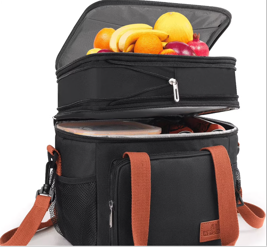 CSD01ILBB8056BK Insulated Lunch Box for Women Men, 17L Expandable Dual Compartment Lunch Bag, Leakproof Warmer/Cooler Lunch Tote Bag with Side Pocket&Shoulder Strap for Work, Picnic, Camping, Black