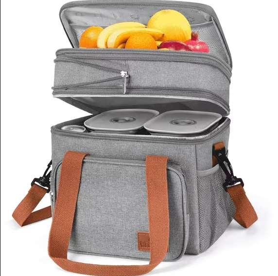 CSD01ILBB8056GY Insulated Lunch Bag for Women Men, 17L Dual Coimpartment Reusable Lunch Box Cooler Bag, Expandable Leakproof Lunch Tote Bag with Side Pocket Adjustable Shoulder Strap for Office, Picnic, Beach, Gray