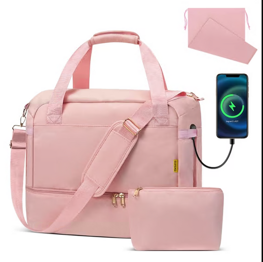 CSD01TDOB000PNK 3Pcs Travel Duffle Bag, Tote Gym Bag with Shoes Compartment & Shoes Bag, Weekender Overnight for Women with Wet Pocket & USB Charging Port, Carry On Bag for Women, Travel, Gym, Weekend, Pink