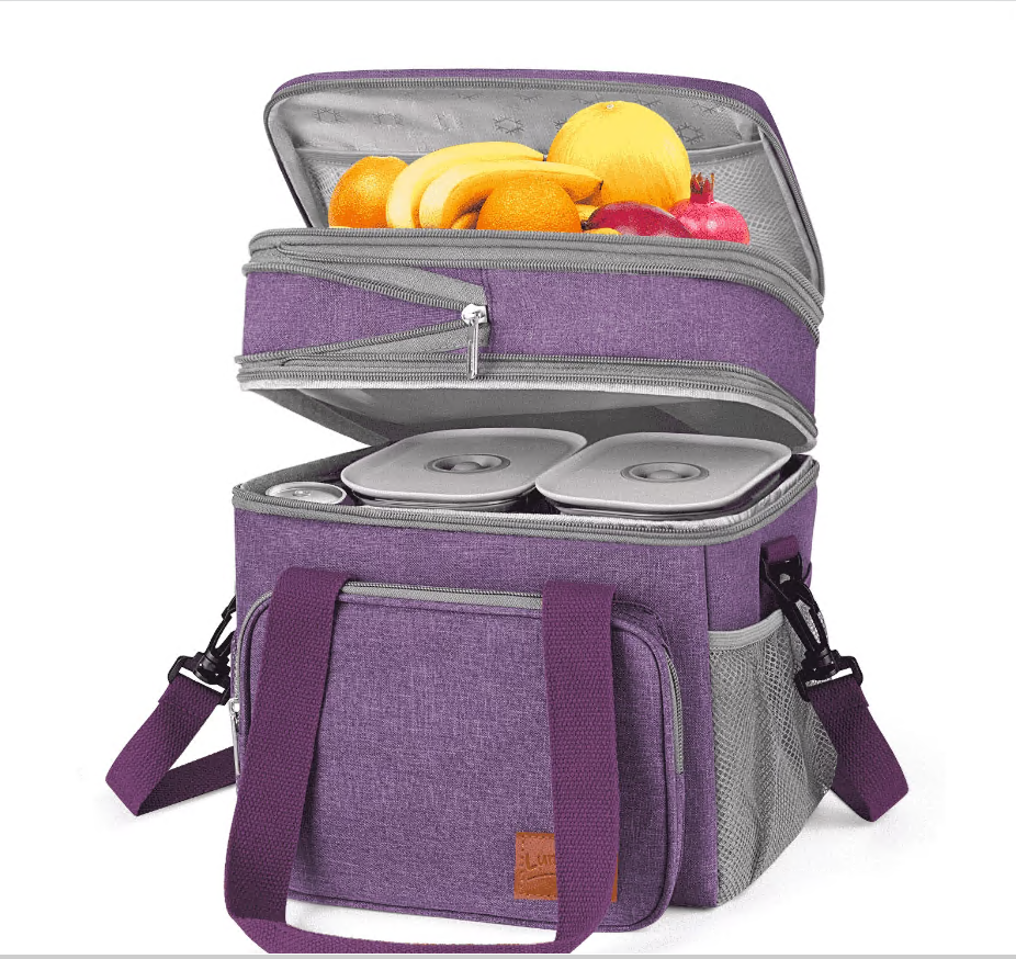 CSD01ILBB8056PP17L Lunch Bag for Men/Women, Reusable Insulated Lunch Bag, Double Deck Leakproof Lunchbox for Work, Picnic, Beach, Lunch Tote Cooler Bag with Adjustable Shoulder Strap/Side Mesh Pocket, Purple