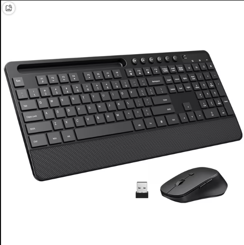 CSD02WKCS7300GBK Wireless Keyboard and Mouse Combo, 2.4GHz Ergonomic Desk 104 Full Size Keyboard and Mouse with Phone Tablet Holder
