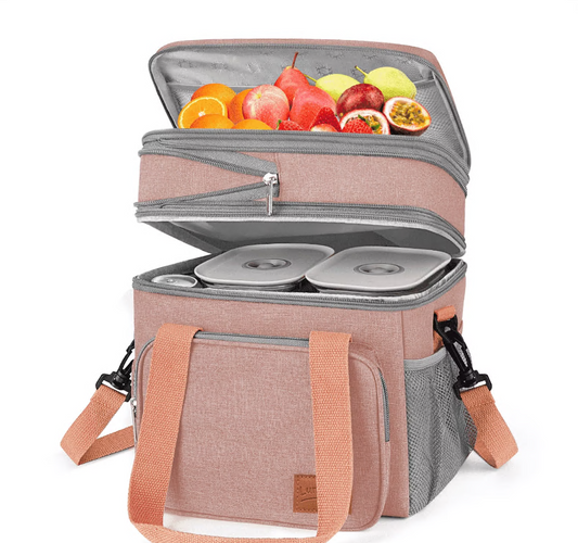 CSD02ILBB8056PNK Lunch Bags for Women Men, 17L Reusable Insulated Lunch Bag, Double Deck Lunch Tote Box for Office, Work, Picnic, Beach, Leakproof Cooler Bag with Adjustable Strap/Side Mesh Pocket, Pink