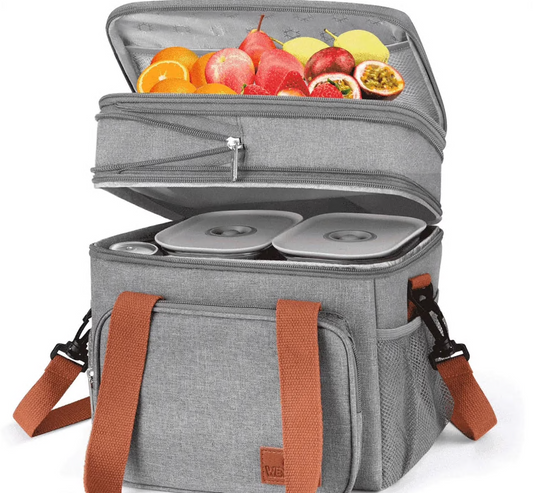 CSD02ILBB8056GY Insulated Lunch Box for Women Men, Expandable Leakproof Lunch bag with Double Compartment, Reusable Cooler Tote Bag for Office, Work, Picnic, Gray(17L)
