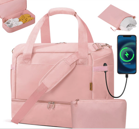 CSD02TDOB000PNK 3 Pcs Set Travel Duffle Bag for Women, Gym Weekender Overnight Bags with Shoe Compartment & Wet Pocket, Carry On Tote Bag with Shoes Bags for Hospital, Large Size, Pink