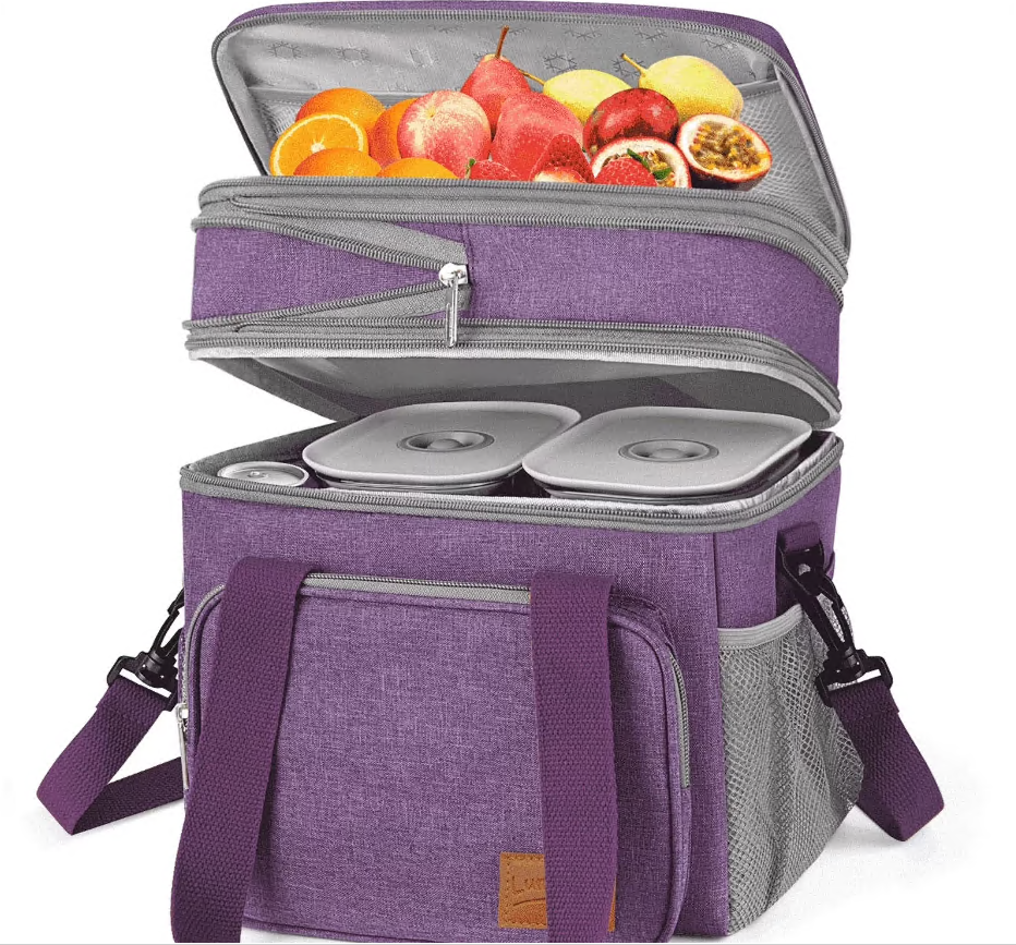 CSD02ILBB8056PP Insulated Lunch Box for Women Men, 17L Reusable Lunch Bag, Dual Compartment Leakproof Cooler Bag with Adjustable Strap/Side Mesh Pocket Lunch Tote Bag for Office, Work, Picnic, Purple