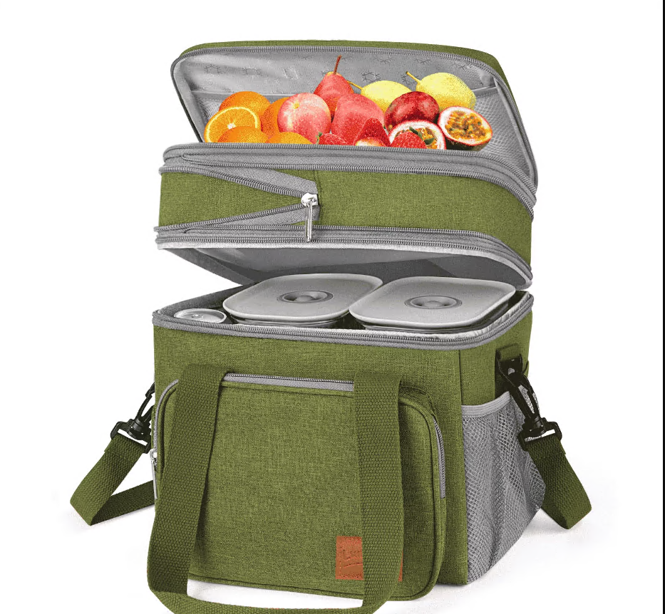 CSD02ILBB8056GN Lunch Bags for Women Men, 17L Reusable Insulated Lunch Bag, Double Deck Lunch Tote Box for Office, Work, Picnic, Beach, Leakproof Cooler Bag with Adjustable Strap/Side Mesh Pocket, Green