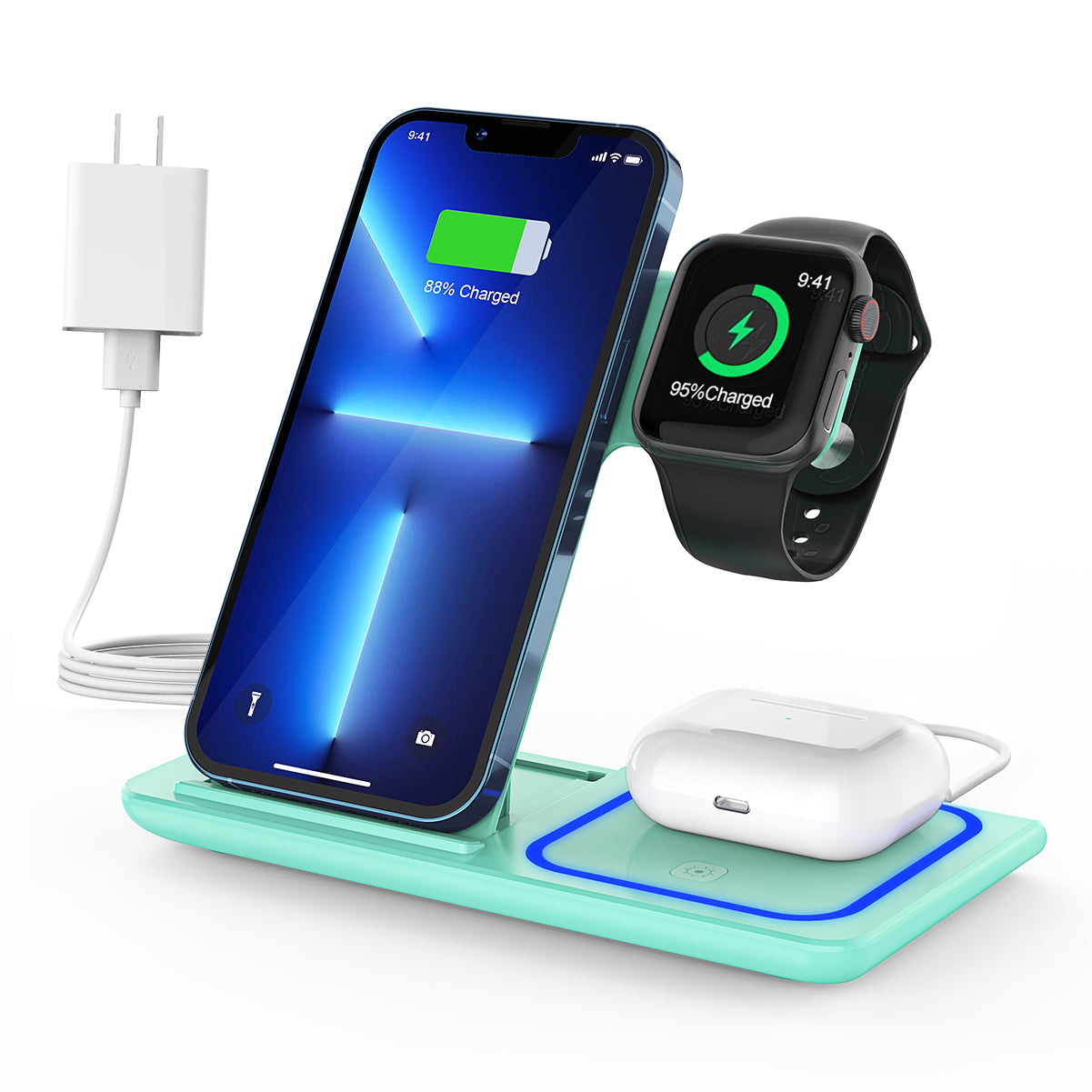 CSD02WLCGX455GR Wireless Charging Station, 2023 Upgraded 18W 3 in 1 Wireless Charger Stand for iPhone 15/14/13/12/11 Pro/XS, AirPods 3/2/1/pro, iWatch Series 8/7/6/5/4/3,Samsung Phones(Green)