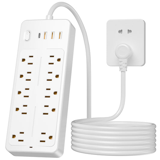 CSD01SURG0000WH Cshidworld Surge Protector Power Strip, 10-Outlet with 4 USB Ports, 2 USB-C, 4FT Extension Cord, 1875W/15A, 1700J, for Home Office Desk, White