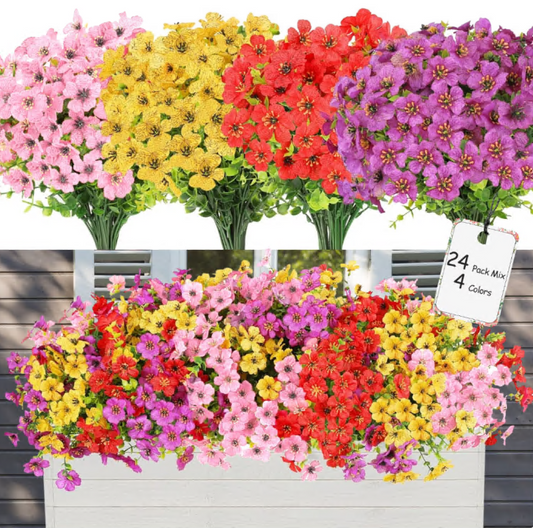24 Bundles Artificial Flowers for Outdoor Decoration, Fake Flowers Faux Plants Silk Colorful Daisy Flowers Realistic UV Resistant for Garden Patio Porch Box Home Decor