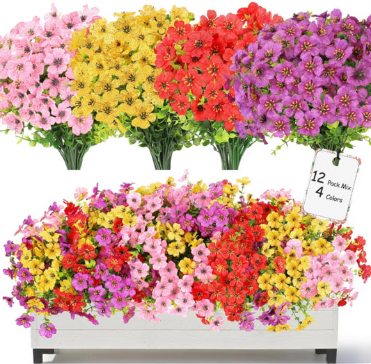 12 Bundles Artificial Flowers for Outdoor Decoration, Fake Flowers Faux Plants Silk Colorful Daisy Flowers Realistic UV Resistant for Garden Patio Porch Box Home Decor
