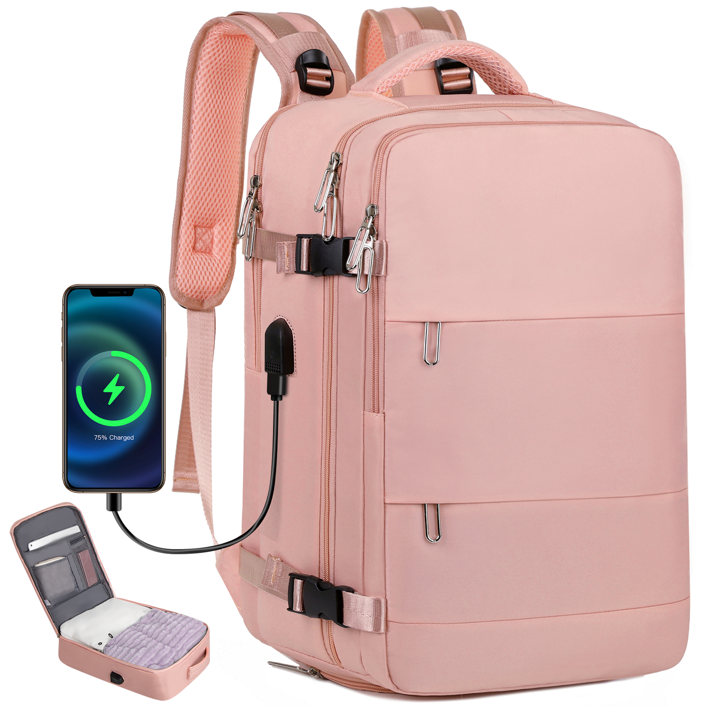 CSD01TBFM0000PK Travel Backpack for Men & Women Carry On Backpack Flight Approved 27L Waterproof Anti-Theft Personal Item Backpack with Shoes Compartment,Pink