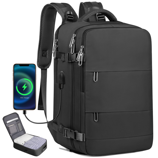 CSD02TBFM0000BKTravel Backpack with USB Charging Port 27L Expandable Carry On Backpack Water-resistant Work Business Laptop Backpack for Men and Women,Black