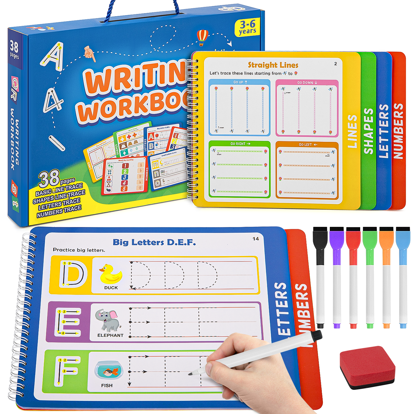 CSD01PBBG1227BU Preschool Learning Activities, Tracing Books for Kids Ages 3-6, Resuable Handwriting Practice - Letter Number Tracing for Kids Preschool Kindergarten Workbooks Learning Books for Boys and girls Gift
