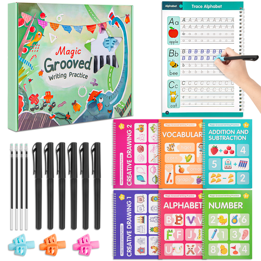 CSD01MGWP0000GN Magic Grooved Writing Practice Books, Reusable Handwriting Practice Workbooks, Large-Scale Handwriting Kindergarten Practice Workbook for Kids 3-8 Educational Gift
