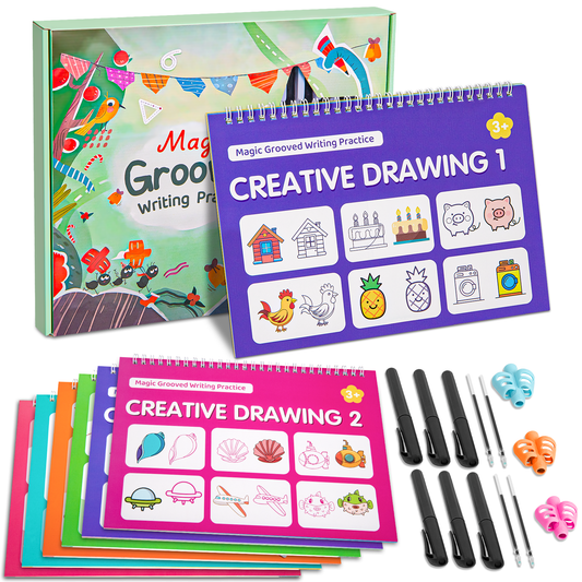 CSD02MGWP0000GNMagic Grooved Writing Practice Books for Kids Ages 3-8, Reusable Grooved Handwriting Workbooks, Large-Scale Writing Workbook, Kindergarten Workbook, (6 Books + Pens)