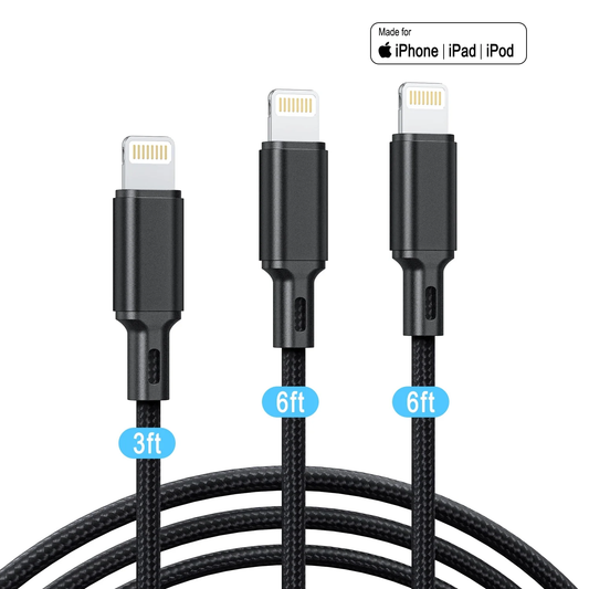 Cshidworld Lightning Cable, 3Pack [Apple MFi Certified] Nylon Fast Charging (3/6/6ft)，Compatible with iPhone 14/13/12/11 Pro Max/Pro 13/12 Mini MAX XS Xr X 6 AirPods iPad, Black